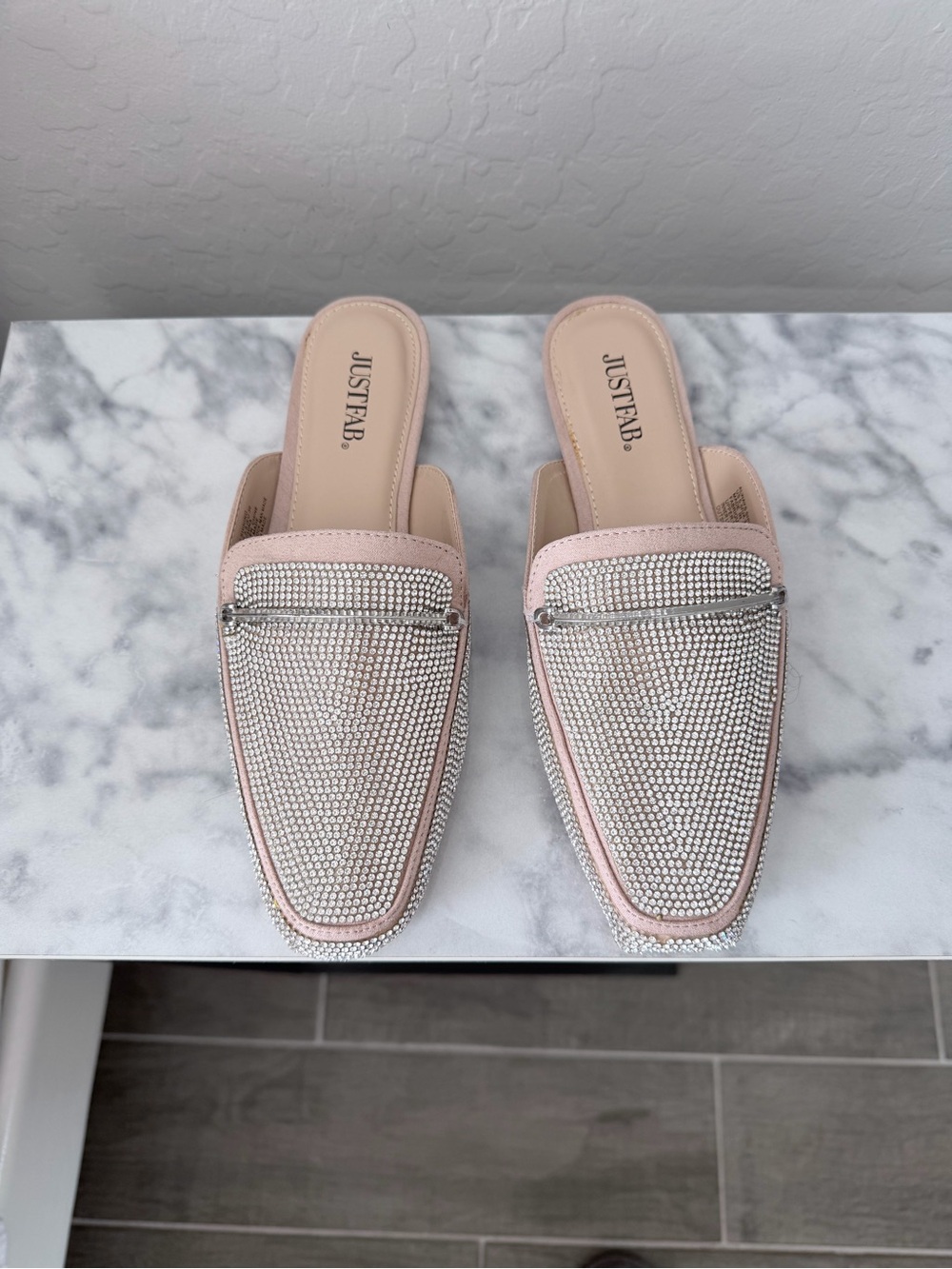 JustFab Blush Crystal-Embellished Slip-On Mules